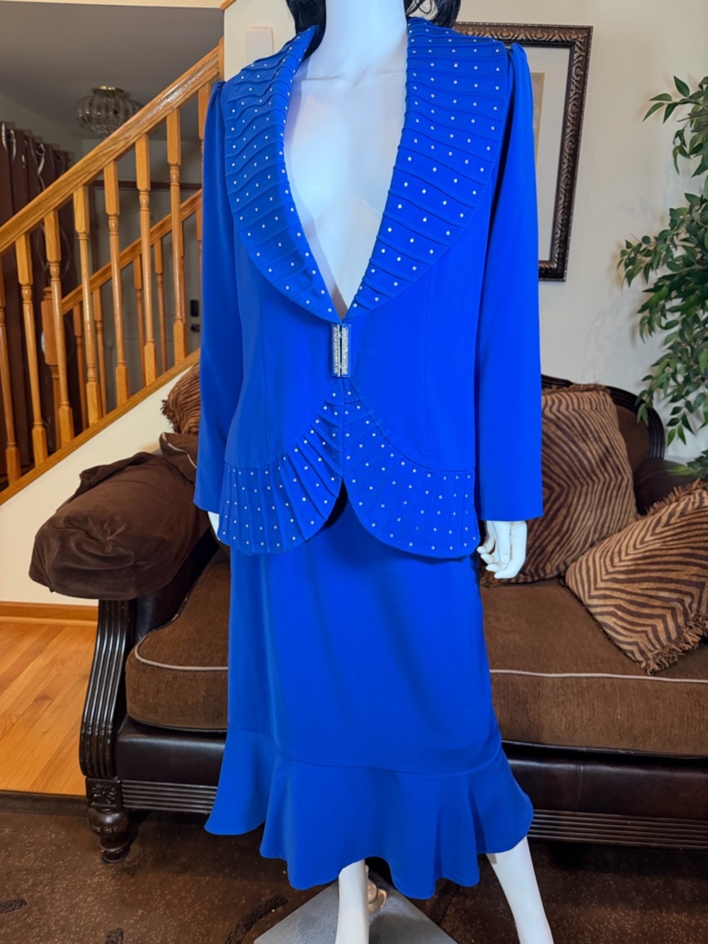 Elegant Royal Blue Women's Skirt Suit with Studded Trim